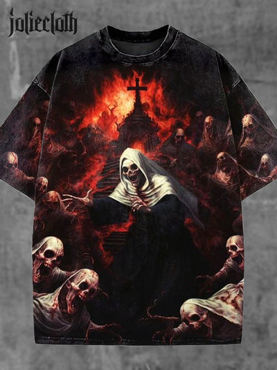 Unisex Nun Zombie Illustration Casual Cotton Short Sleeve T-Shirt