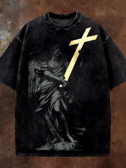 Unisex Vintage Metal Cross Art Printed Casual Cotton Short Sleeve T-Shirt