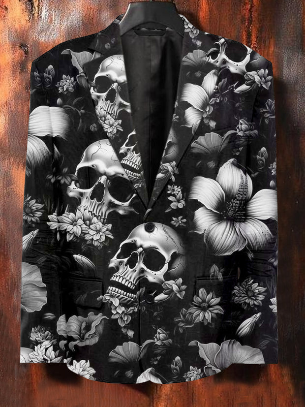 Men's Floral Skull Art Illustration Print Casual Suit Jacket