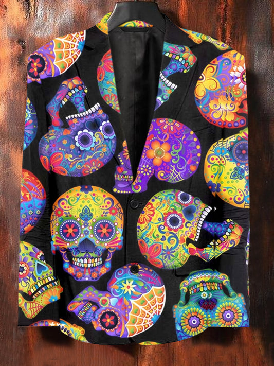 Men's Skeleton Art Illustration Printed Casual Suit Jacket