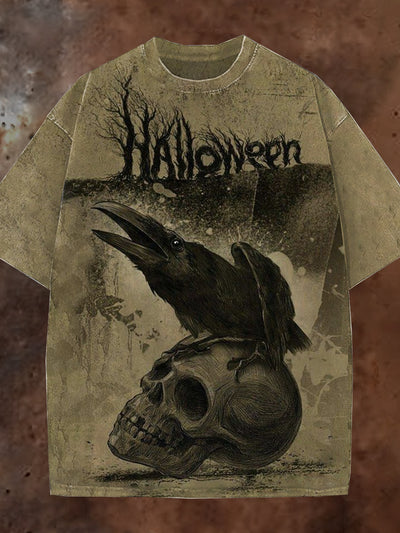 Unisex Halloween Crow Print Casual Cotton Short Sleeve T-Shirt