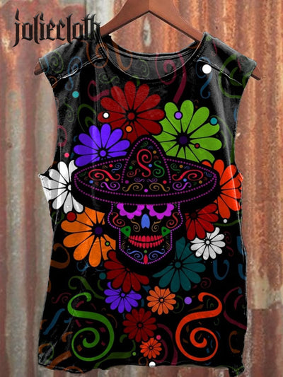 Men's Day of the Dead Skull Flower Illustration Printed Casual Cotton Tank Top