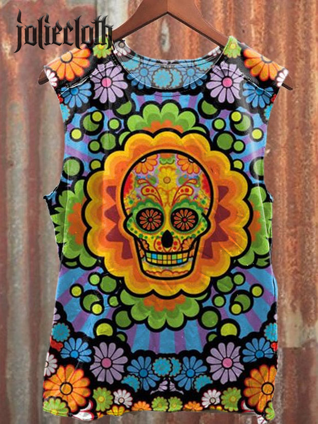 Men's Day Of The Dead Skull Flower Illustration Printed Casual Cotton Tank Top