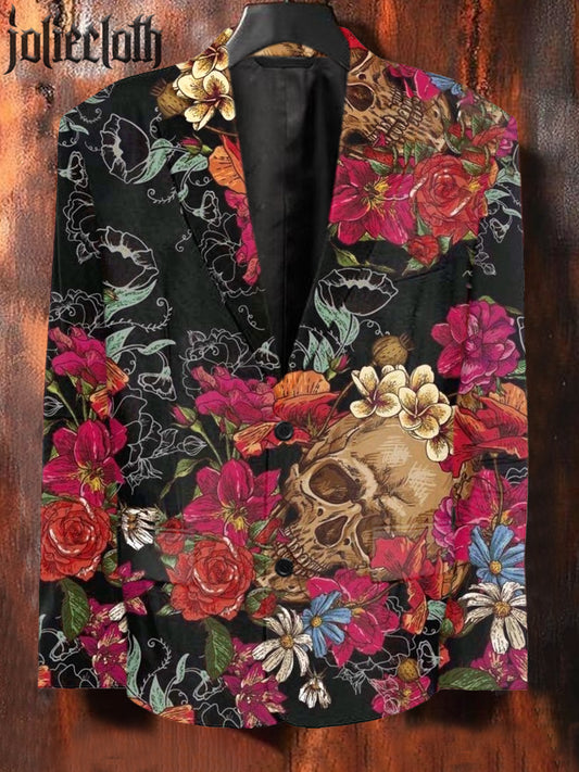 Men's Skull Floral Illustration Print Casual Suit Jacket
