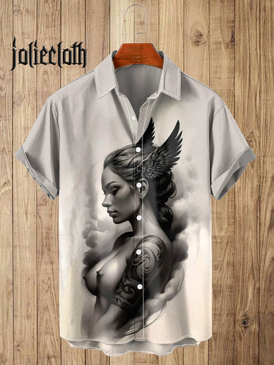 Unisex Retro Valkyrie Art Illustration Printed Casual Short Sleeve Shirt