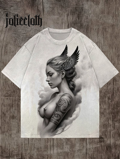 Unisex Vintage Valkyrie Art Illustration Printed Casual Cotton Short Sleeve T-Shirt