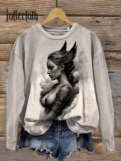 Unisex Retro Valkyrie Art Illustration Printed Casual Long Sleeve Sweatshirt