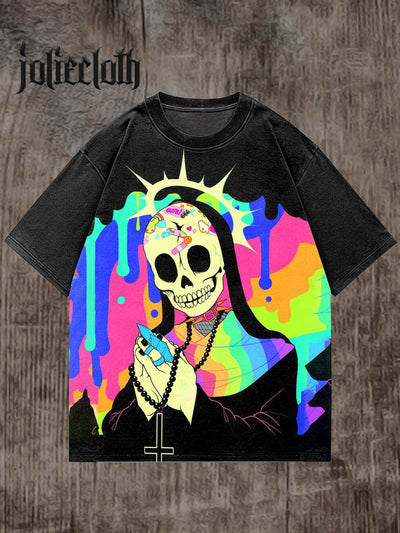 Unisex Skeleton Nun Art Graffiti Illustration Casual Cotton Short Sleeve T-Shirt