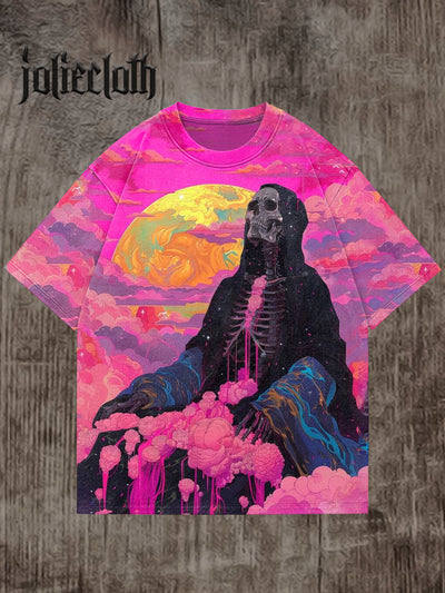 Unisex Skull Meditation Art Illustration Casual Cotton Short Sleeve T-Shirt