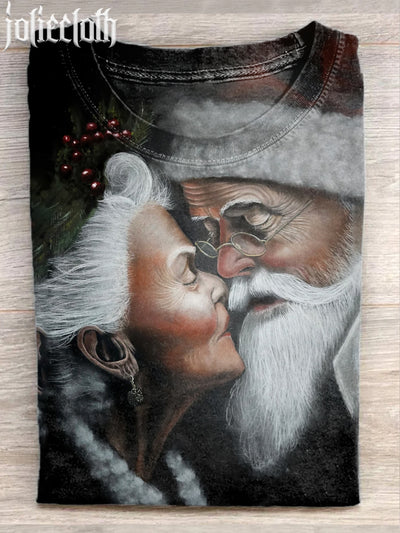 Unisex Santa Claus Couple Art Illustration Printed Casual Cotton Short Sleeve T-Shirt