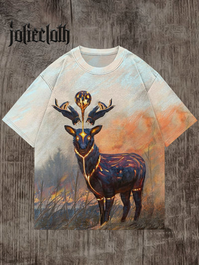 Unisex Christmas Deer Art Illustration Casual Cotton Short Sleeve T-Shirt