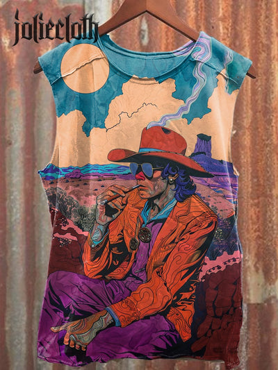 Unisex Retro Wild West Illustration Printed Casual Cotton Tank Top