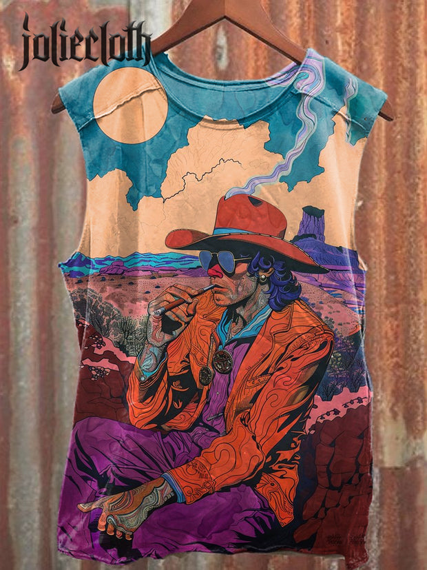 Unisex Retro Wild West Illustration Printed Casual Cotton Tank Top