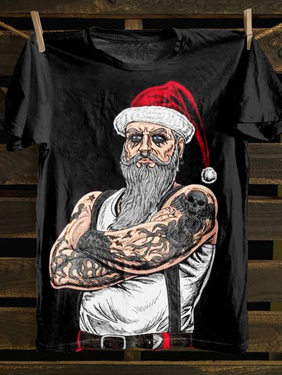 Unisex Rock Santa Claus Illustration Printed Casual Cotton Short Sleeve T-Shirt