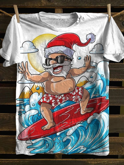 Unisex Santa Claus Surf Illustration Print Casual Cotton Short Sleeve T-Shirt