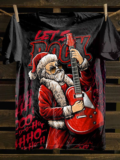 Unisex Rock Santa Claus Illustration Printed Casual Cotton Short Sleeve T-Shirt