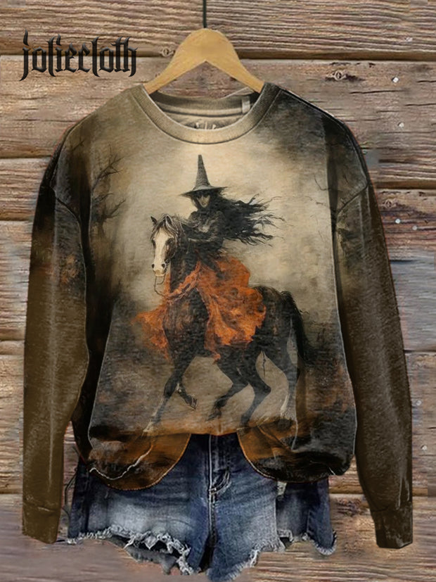 Unisex Halloween Witch Art Illustration Printed Casual Sweatshirt