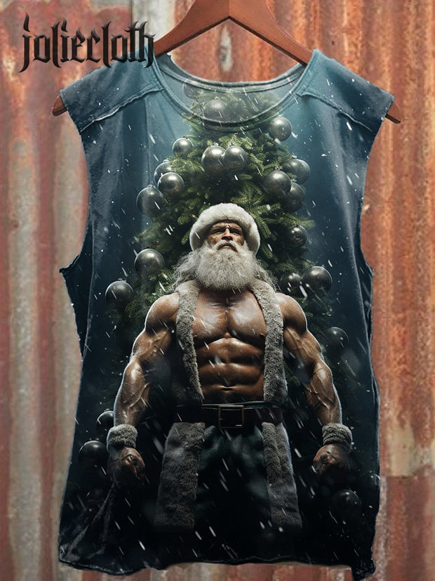 Unisex Fitness Santa Claus Art Illustration Printed Casual Cotton Tank Top