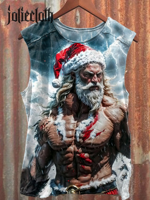 Unisex Fitness Santa Claus Art Illustration Printed Casual Cotton Tank Top