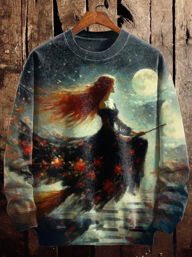 Unisex Retro Witch Art Illustration Casual Long Sleeve Sweatshirt