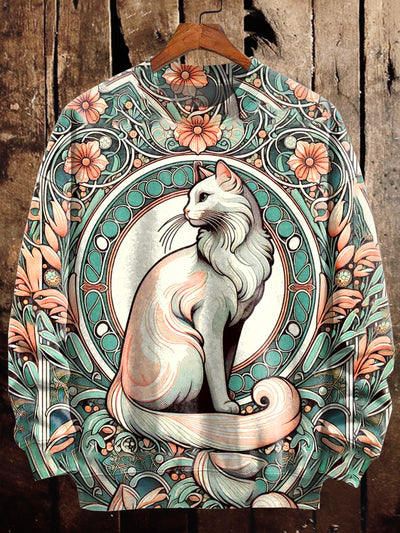 Unisex Art Nouveau Cat Illustration Print Casual Long Sleeve Sweatshirt