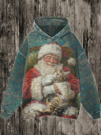 Unisex Santa Art Illustration Printed Casual Hooded Sweatshirt