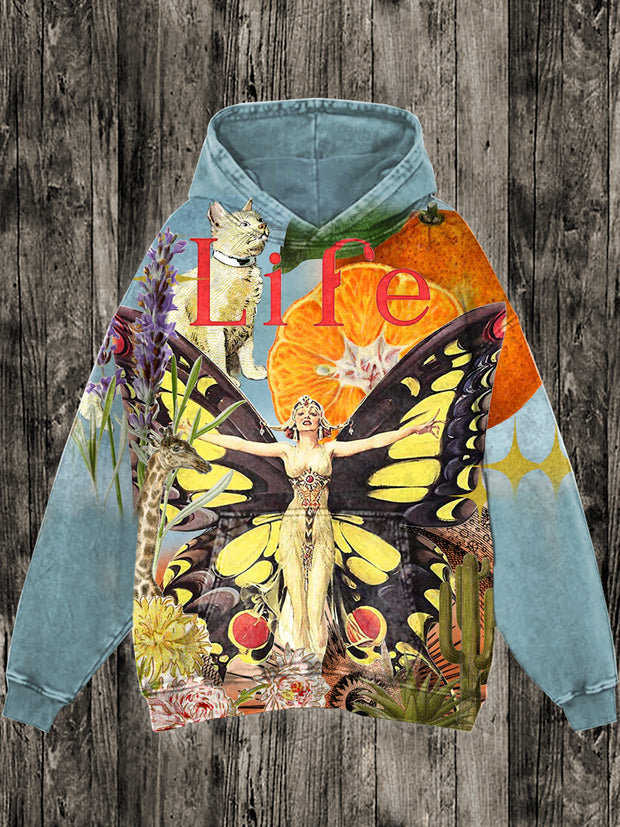 Unisex Abstract World Collage Art Illustration Print Casual Hooded Sweatshirt