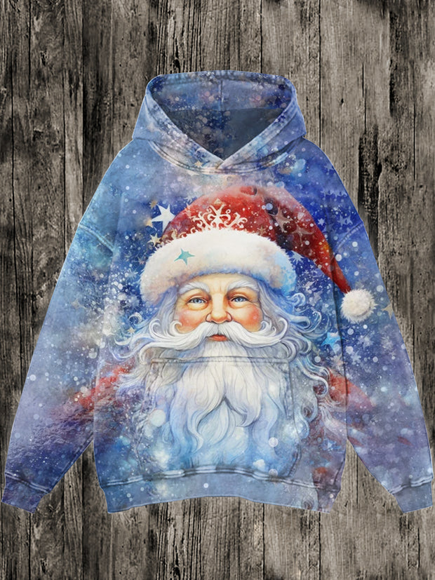 Unisex Santa Art Illustration Printed Casual Hooded Sweatshirt