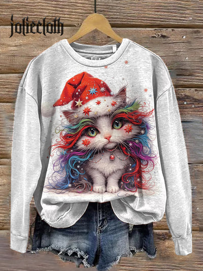 Funny Christmas Cat Illustration Graffiti Print Casual Long Sleeve Sweatshirt