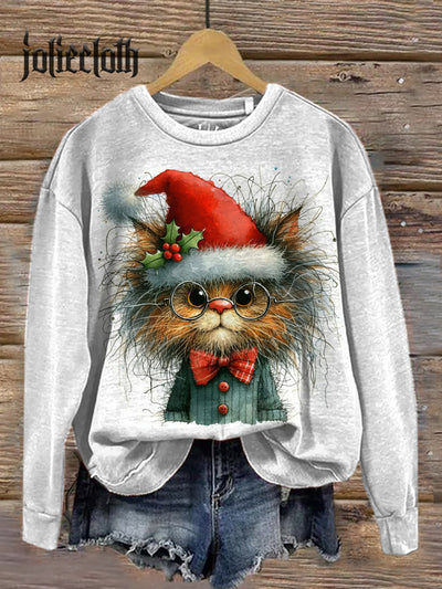 Funny Christmas Cat Illustration Graffiti Print Casual Long Sleeve Sweatshirt