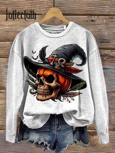 Fun Halloween Skull Illustration Graffiti Print Casual Long Sleeve Sweatshirt