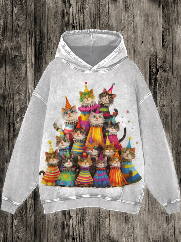 Cat Christmas Tree Art Illustration Printed Casual Long Sleeve Hooded Sweatshirt