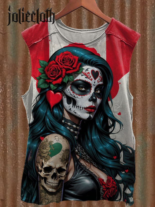 Unisex Day of the Dead Sexy Beauty Illustration Printed Casual Cotton Tank Top