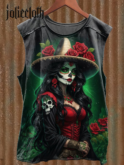 Unisex Day of the Dead Sexy Beauty Illustration Printed Casual Cotton Tank Top