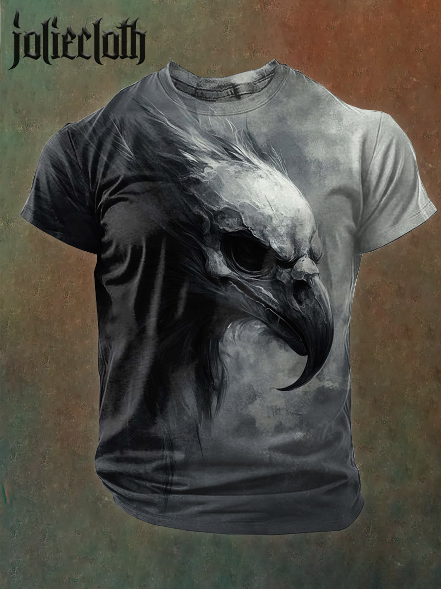 Men's Dark Crow Illustration Printed Casual Cotton Short Sleeve T-shirt