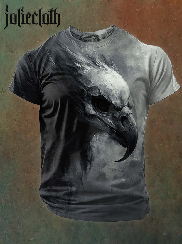 Men's Dark Crow Illustration Printed Casual Cotton Short Sleeve T-shirt