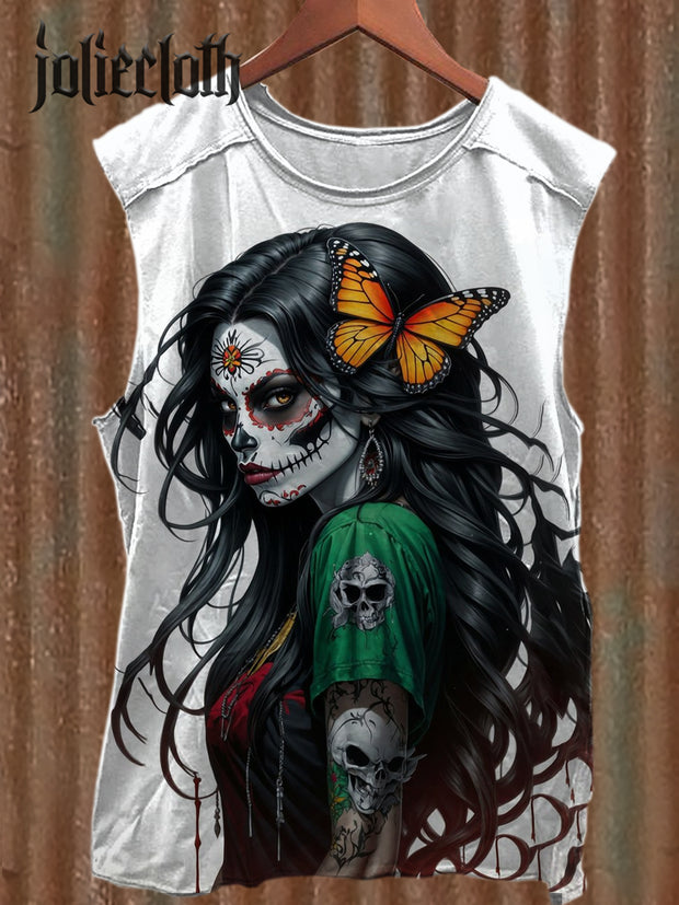 Unisex Day of the Dead Sexy Beauty Illustration Printed Casual Cotton Tank Top