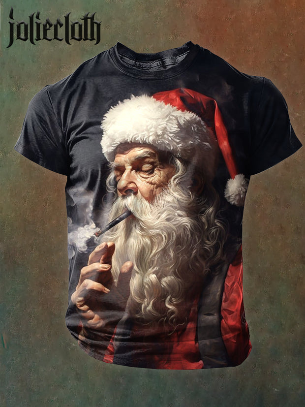 Men's Santa Claus illustration printed casual cotton short-sleeved T-shirt