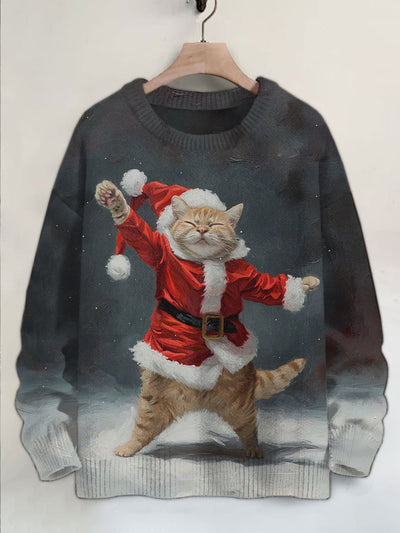 Unisex Christmas Cat Illustration Print Casual Long Sleeve Sweater