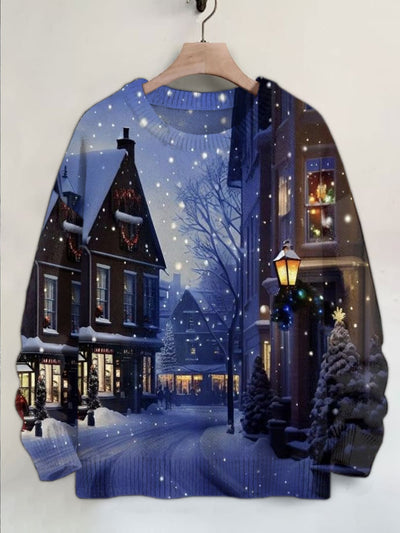 Unisex Winter Snowy Street Scenery Illustration Printed Casual Long Sleeve Sweater