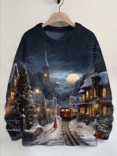 Unisex Winter Snowy Street Scenery Illustration Printed Casual Long Sleeve Sweater