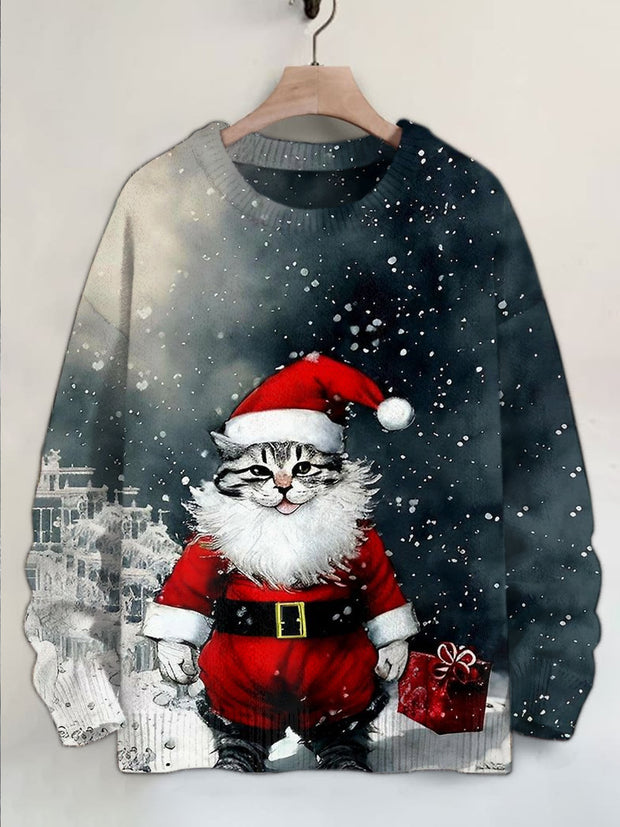 Unisex Christmas Cat Illustration Print Casual Long Sleeve Sweater