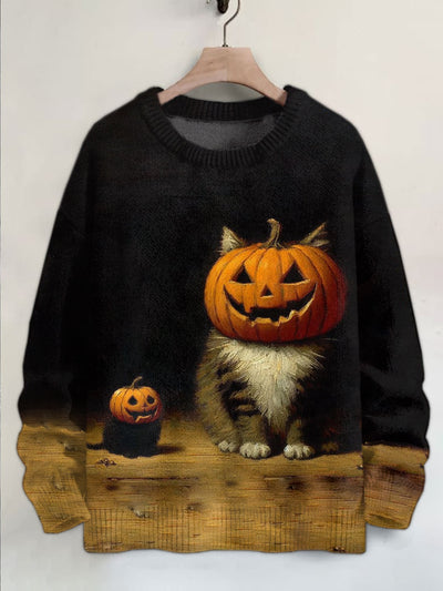 Unisex Halloween Pumpkin Cat Illustration Print Casual Long Sleeve Sweater