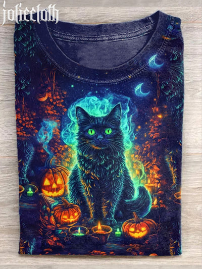 Halloween Cat Art Print Casual Cotton Short Sleeve T-Shirt