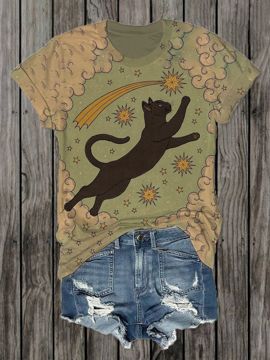 Black Cat Folk Art Print Casual Cotton Short Sleeve T-Shirt