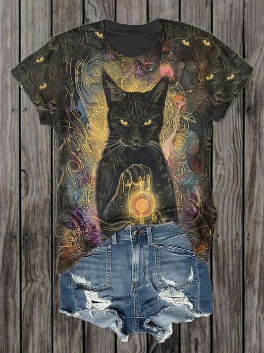 Black Cat Magic Art Print Casual Cotton Short Sleeve T-Shirt