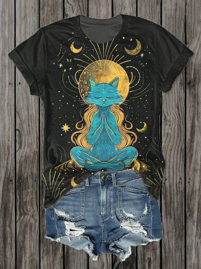 Meditation Cat Art Print Casual Cotton Short Sleeve T-Shirt