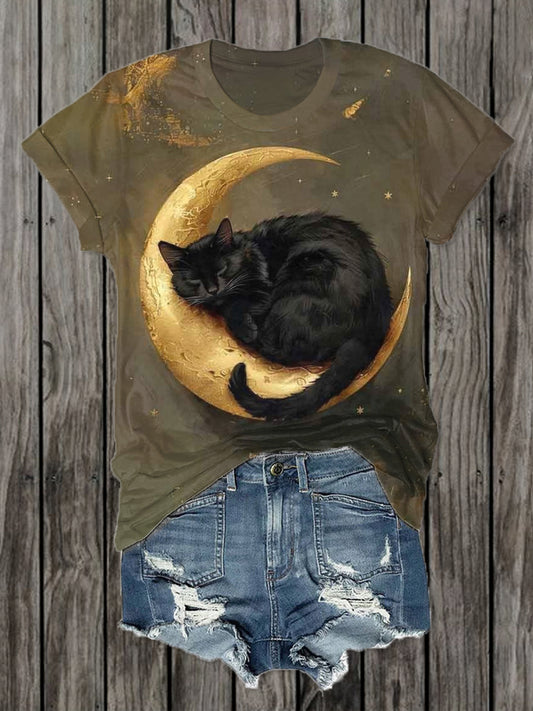 Black Cat Folk Art Print Casual Cotton Short Sleeve T-Shirt