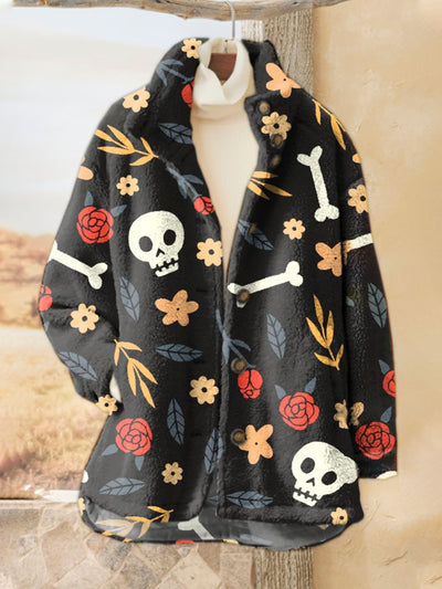 Skull Bones Art Print Casual Flannel Coat Cardigan