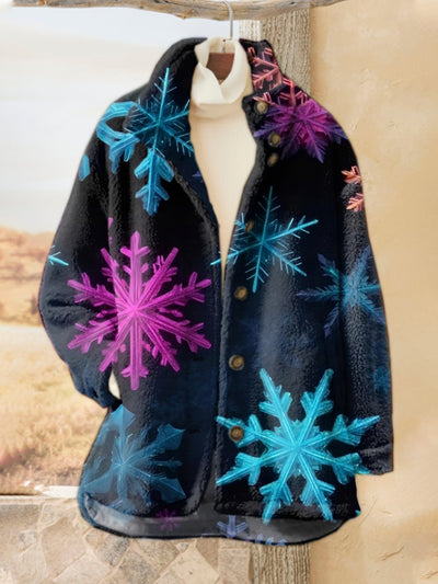 Christmas Snowflake Art Print Casual Flannel Coat Cardigan